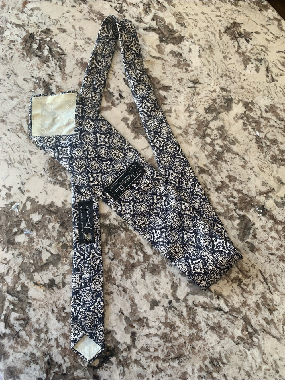 DIOR Navy and White Medallion Silk Tie with Cream Accents